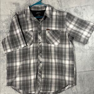 Orvis Gray Black Plaid Button Ip Short Sleeve Soft Shirt Size XL